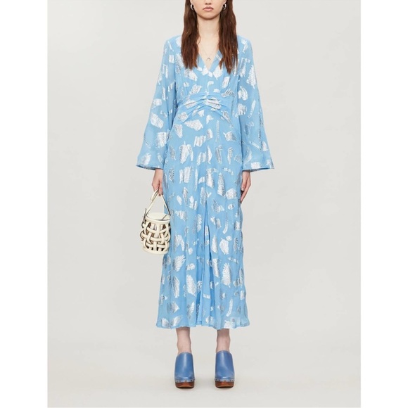 RIXO Dresses & Skirts - RIXO London Indra Long Bell Sleeve Metallic Print Midi Maxi Dress in Blue